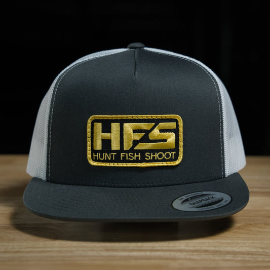 Hunt Fish Shoot Dark Grey with White Mesh Flat-Bill Snapback Hat